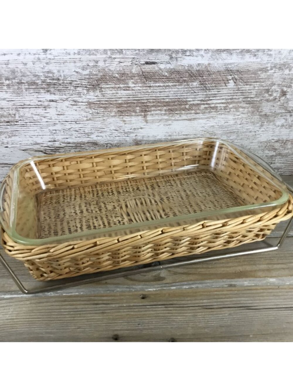 Vintage Glasbake 2½ Qt Rectangular Glass Dish w/ Wicker Basket & Metal Frame
